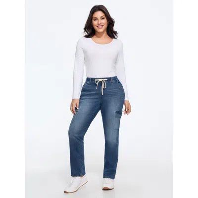 Bloomchic Stretch Drawstring Waist Patch Pockets Jeans In Blue