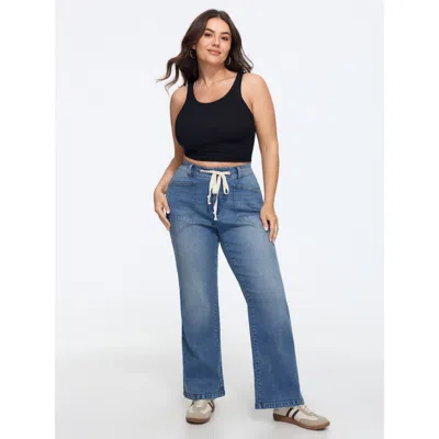 Bloomchic Stretch Drawstring Waist Wide Leg Jeans In Black
