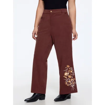 Bloomchic Stretch Floral Embroidery Hem Corduroy Pants In Browncoffeecolor