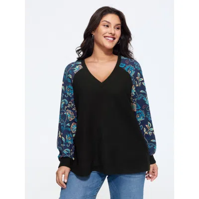 Bloomchic Stretch Floral Print Raglan Sleeve Sweatshirt In Black