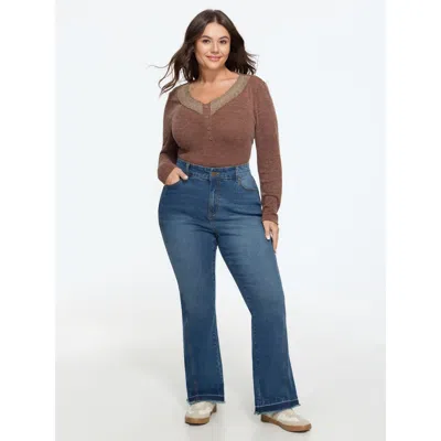 Bloomchic Stretch Frayed Hem Stitch Detail Bootcut Jeans In Brown