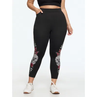 Bloomchic Stretch Gothic Skull Floral Butterfly Print Leggings In Black