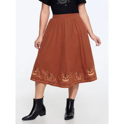 Bloomchic Stretch Pumpkin Embroidery Halloween Midi Skirt In Yellowishbrown_1