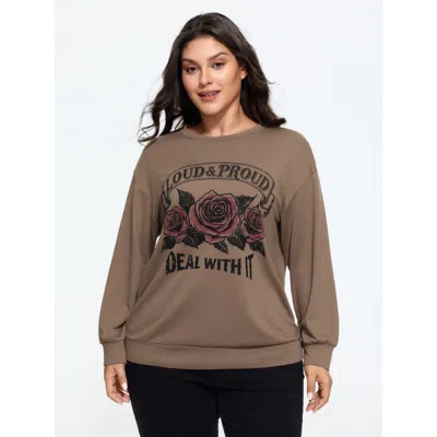 Bloomchic Stretch Retro Rose Print Loose Sweatshirt In Tan