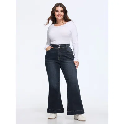 Bloomchic Stretch Wash Double Button Flare Jeans In Blue