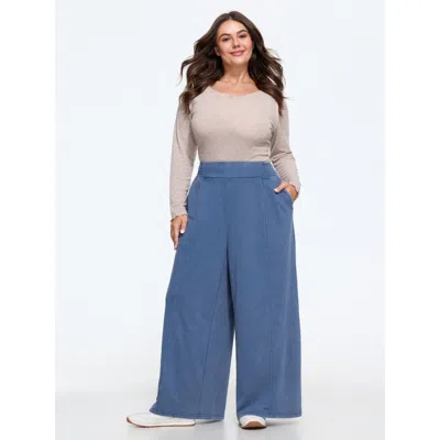 Bloomchic Stretch Washed Shirred Waist Wide Leg Pants In Blue