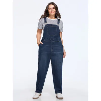Bloomchic Stretchy Adjustable Shoulder Straps Denim Jumpsuit In Blue