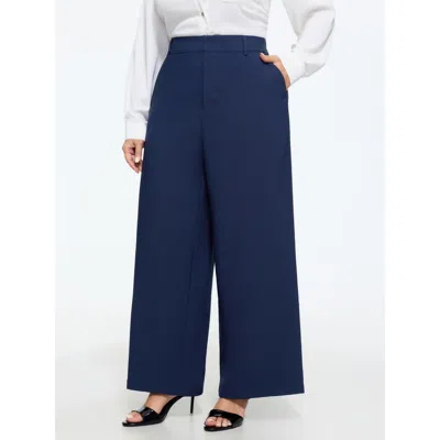 Bloomchic Stretchy Center Crease Pockets Wide Leg Pants In Darkblue