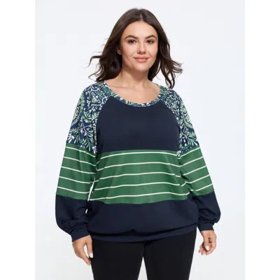 Bloomchic Stretchy Color Block Paisley Raglan Sleeve Sweatshirt In Multi