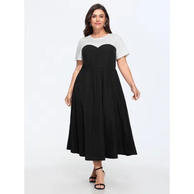 Bloomchic Stretchy Color Block Round Neck Midi Dress In Black
