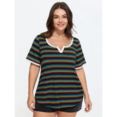 Bloomchic Stretchy Colorful Striped Print T-shirt In Black
