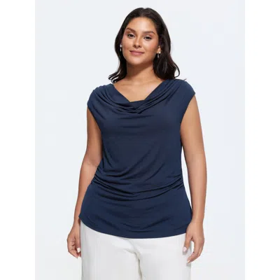 Bloomchic Stretchy Cowl Neckline Knit Top In Blue