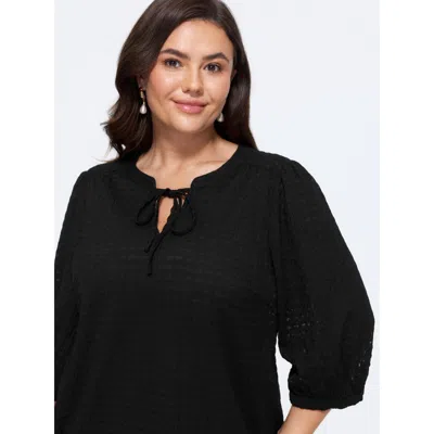 Bloomchic Stretchy Crinkle Textured Neck Tie Blouse In Black