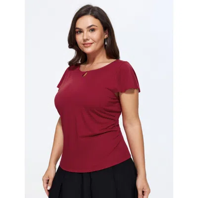 Bloomchic Stretchy Cut-out Fitted Plain Knit Top In Maroon