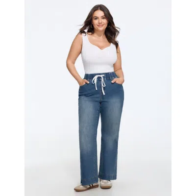 Bloomchic Stretchy Drawstring Elastic Waist Straight Leg Jeans In Bluevintage
