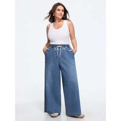 Bloomchic Stretchy Drawstring Waist Pocket Wide Leg Jeans In Midblue