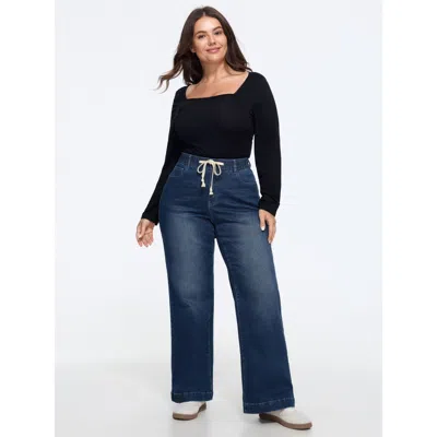 Bloomchic Stretchy Drawstring Waist Straight Leg Jeans In Blue