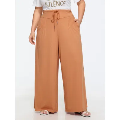 Bloomchic Stretchy Drawstring Waist Wide-leg Pants In Brown