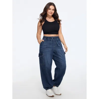Bloomchic Stretchy Elastic Waist Cargo Pocket Jogger Jeans In Midblue