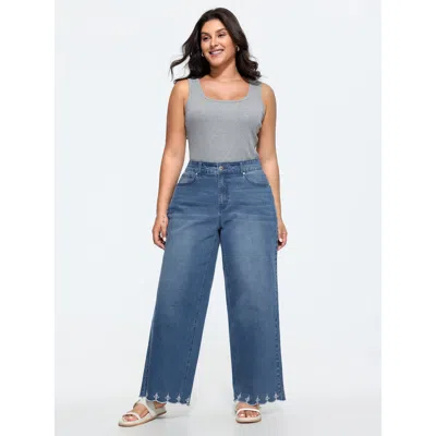 Bloomchic Stretchy Embroidered Hem Wide-leg Jeans In Blue
