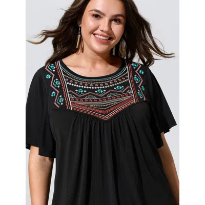 Bloomchic Stretchy Embroidered Neckline Jersey Top In Black