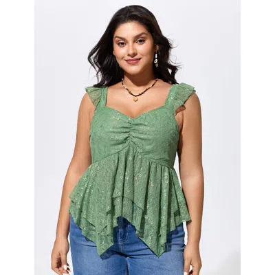 Bloomchic Stretchy Floral Lace Sweetheart Neckline Blouse In Green