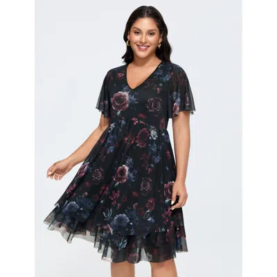 Bloomchic Stretchy Floral Mesh V-neck Mini Dress In Black