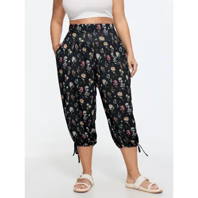 Bloomchic Stretchy Floral Print Drawstring Cuff Pants In Black