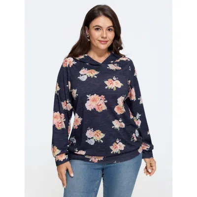 Bloomchic Stretchy Floral Print Hooded Sweatshirt In Blue