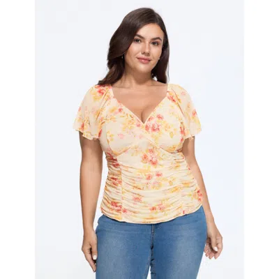 Bloomchic Stretchy Floral Print Ruched Waist Mesh Blouse In Multi