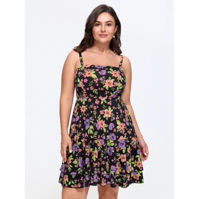 Bloomchic Stretchy Floral Print Sleeveless Mini Dress In Black