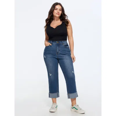 Bloomchic Stretchy Folded Hem Straight-leg Jeans In Midblue