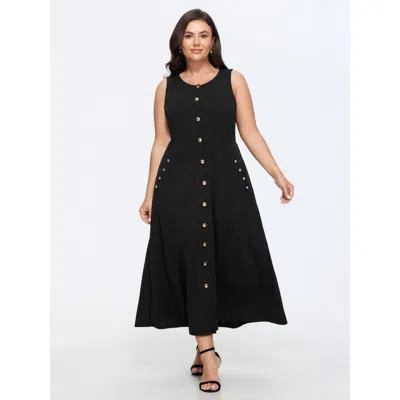Bloomchic Stretchy Front Gold Button A Line Midi Dress In Black