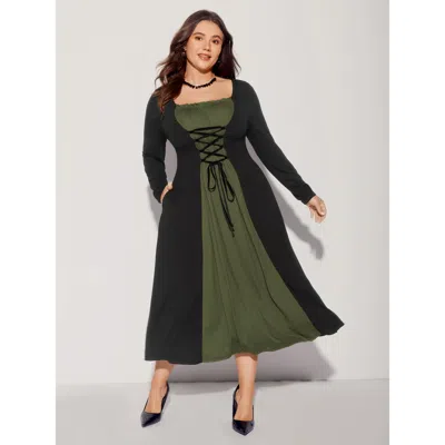 Bloomchic Stretchy Knit Adjustable Tie Frill Trim Midi Dress In Armygreen
