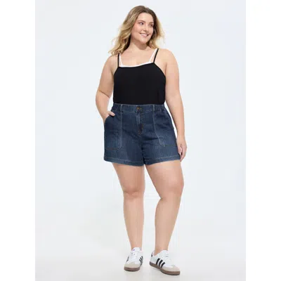 Bloomchic Stretchy Medium Wash Rubber Waist Denim Shorts In Blue