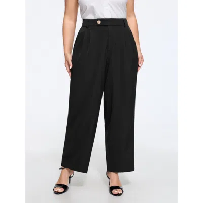 Bloomchic Stretchy Metal Button Pleated Straight Leg Pants In Black