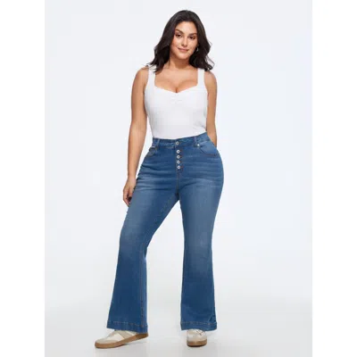 Bloomchic Stretchy Multi Buttons High Waist Flare Jeans In Blue