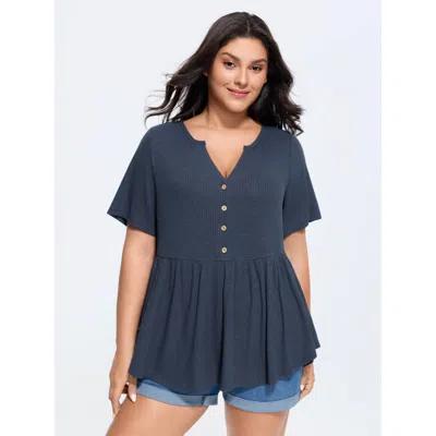 Bloomchic Stretchy Notched Collar Button Detail Knit Top In Blue