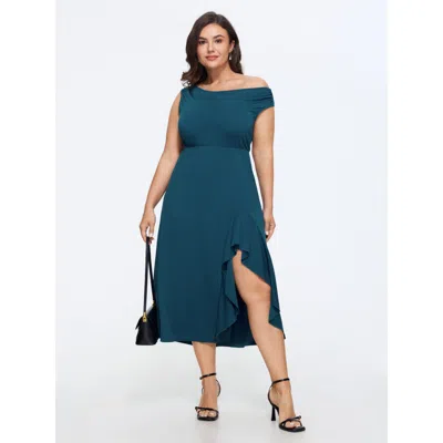 Bloomchic Stretchy One-shoulder Asymmetrical Hem Midi Dress In Blue