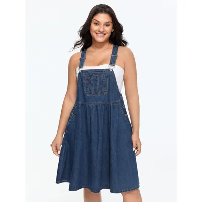 Bloomchic Stretchy Overall Straps Pleated Mini Denim Dress In Blue