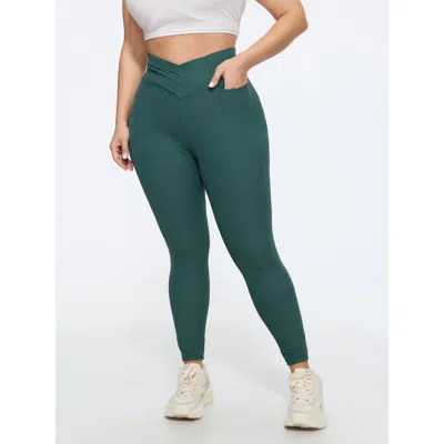 Bloomchic Stretchy Overlap Waist Textured Pocket Leggings In Green