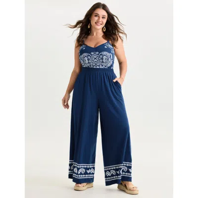 Bloomchic Stretchy Paisley Print Pockets Pants In Blue