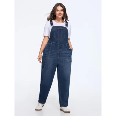 Bloomchic Stretchy Patch Pockets Denim Straight Leg Jumpsuit In Midblue
