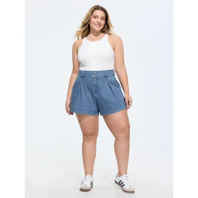 Bloomchic Stretchy Pleated Elastic Back Waist Denim Shorts In Blue