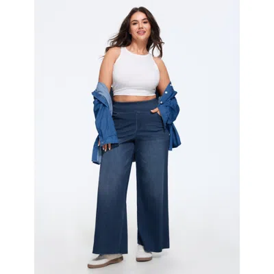 Bloomchic Stretchy Pull-on Wide-leg Knit Jeans In Denim Medium Blue