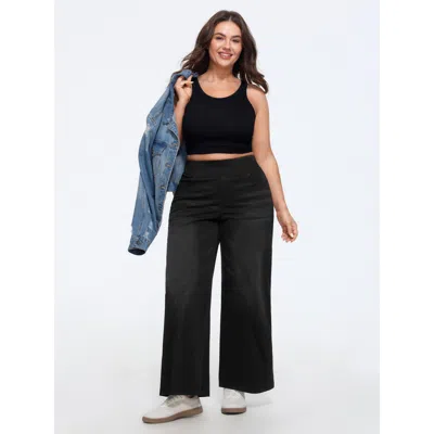 Bloomchic Stretchy Pull-on Wide-leg Knit Jeans In Denimblack
