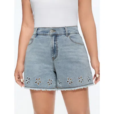 Bloomchic Stretchy Raw Hem Straight-leg Denim Shorts In Blue