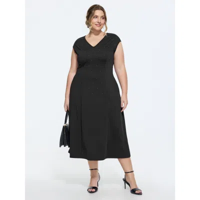 Bloomchic Stretchy Rhinestone V-neck Midi Dress In Black