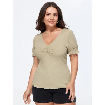 Bloomchic Stretchy Ribbed Ruched Plain T-shirt In Champagne