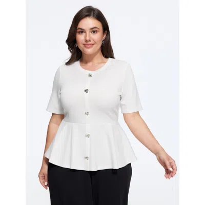 Bloomchic Stretchy Round Neck Heart‑shaped Button Blouse In Whitesmoke